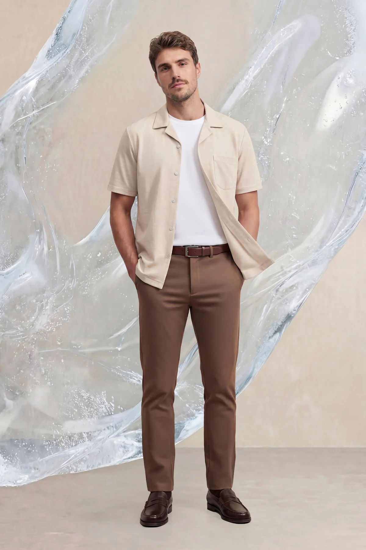 Camisa bowling ICE beige melange manga corta hombre - Image 3