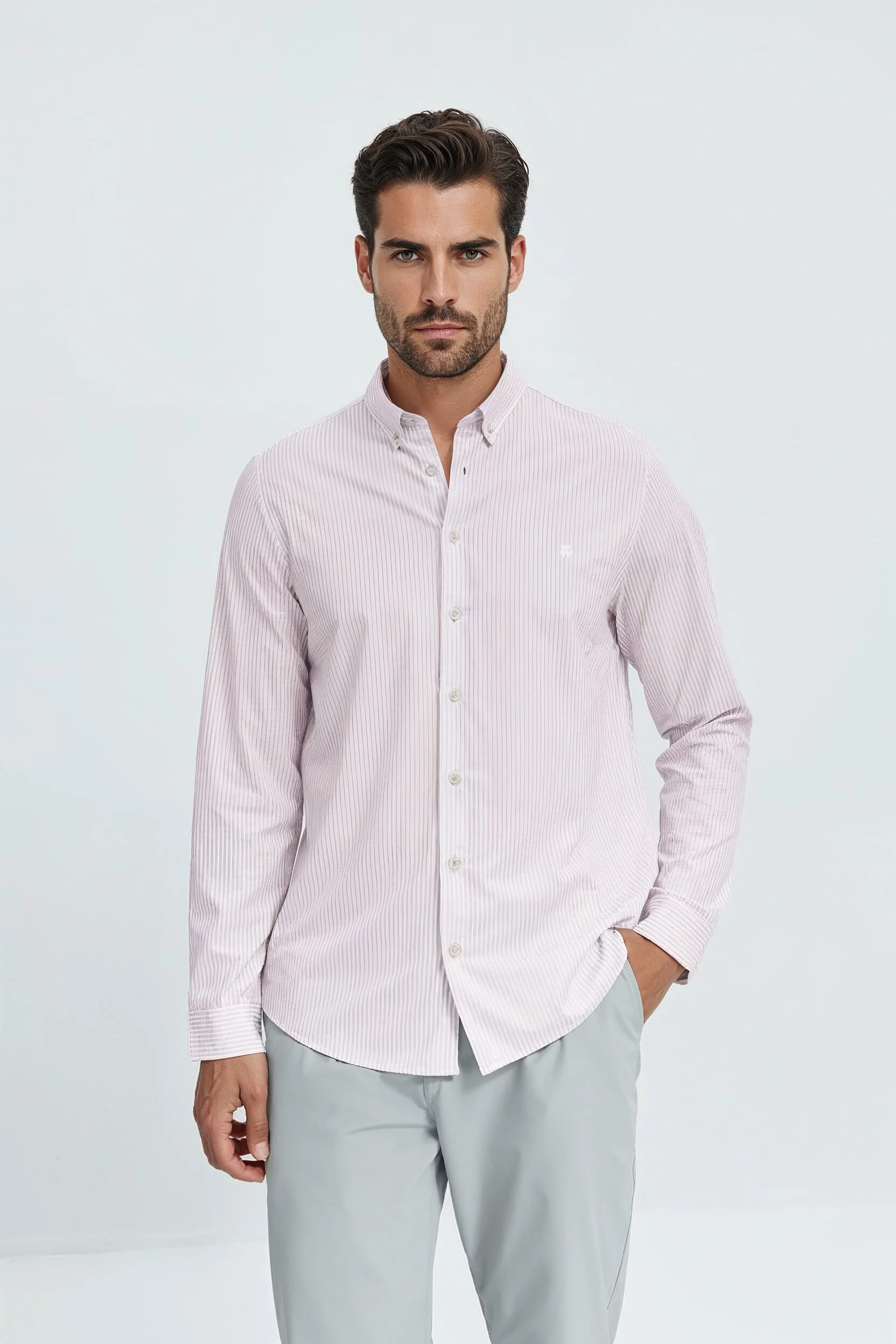 Camisa casual hombre estampado con rayas rosas regular - Image 7