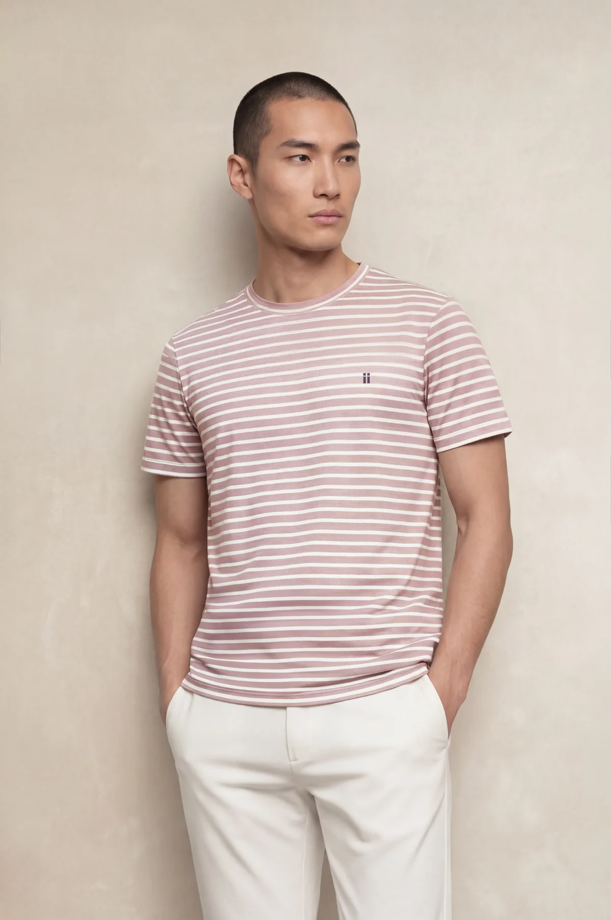 Camiseta hombre cuello redondo estampado rayas rosa palo Soft - Image 4